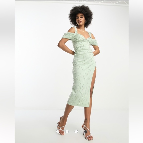 ASOS sweetheart neckline sequin pencil dress mint green cold shoulder - Picture 1 of 12